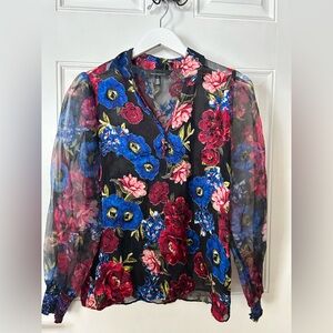 White House Black Market Black Sheer Blouse with Blue and Red Floral Pattern